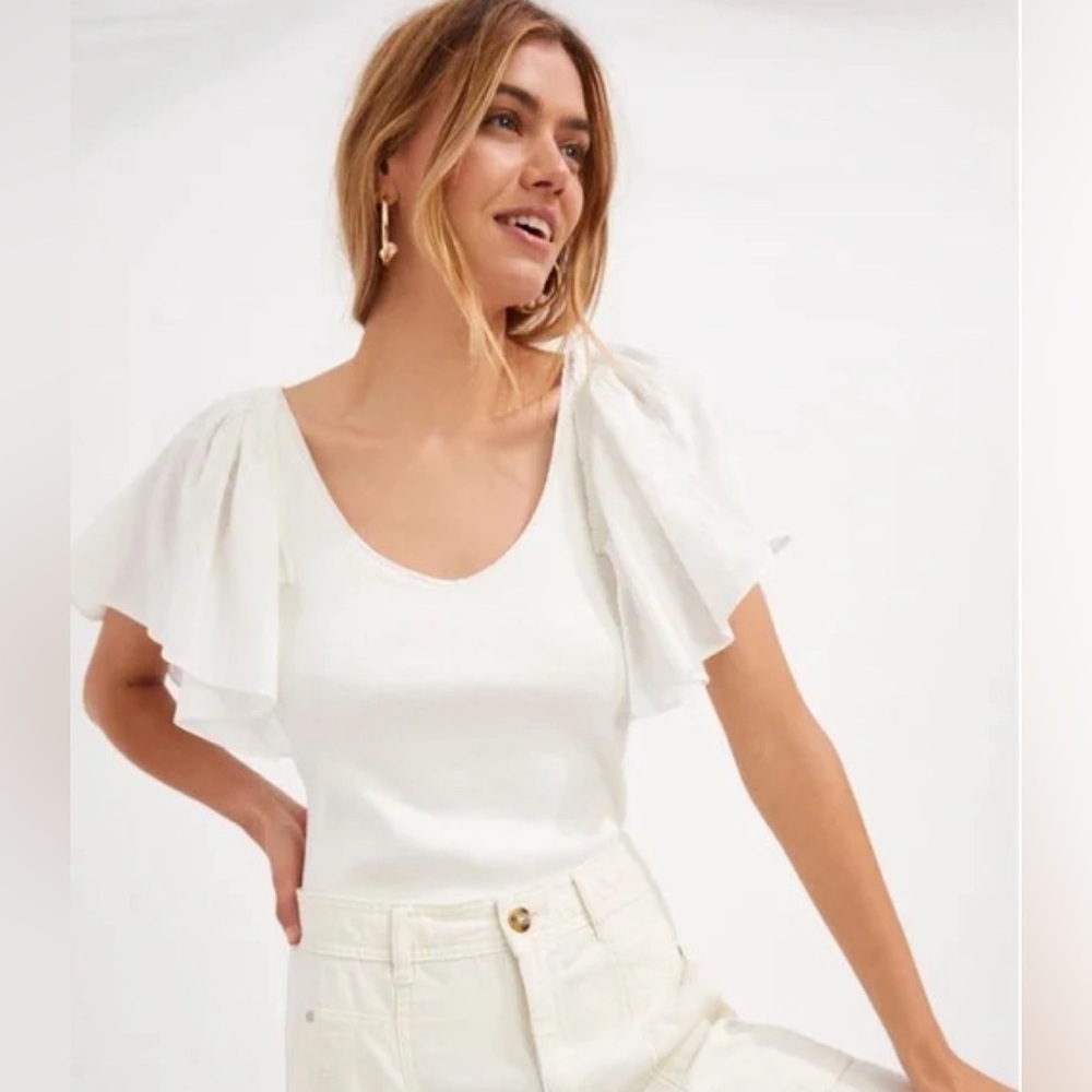 NEW Maeve White Flutter Sleeve Blouse Anthropologie Sz Small